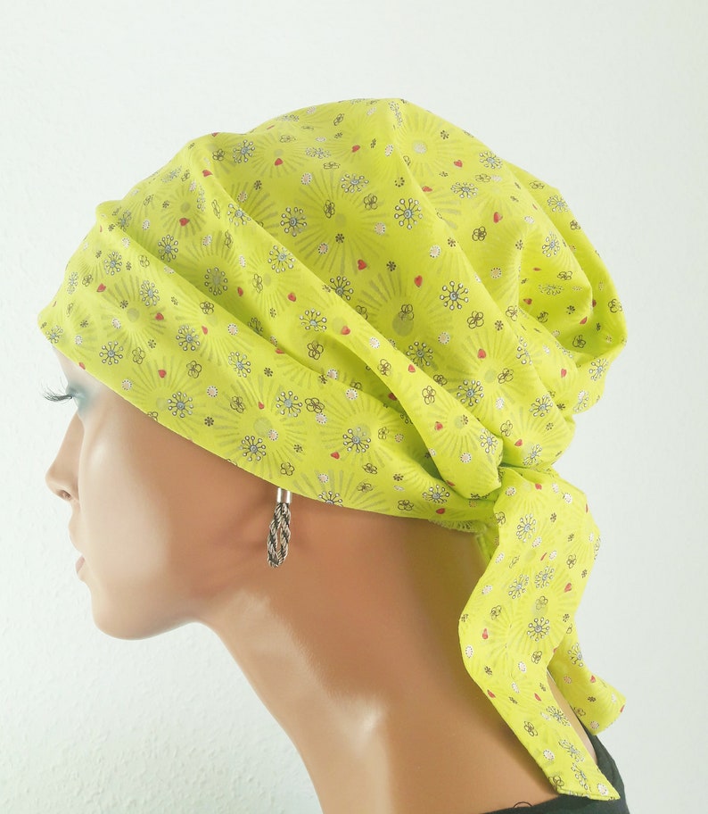 Summer headgear headscarf/hat bandanna green pink blue flowers motif 100% cotton batiste chemo cancer instead of a wig image 4