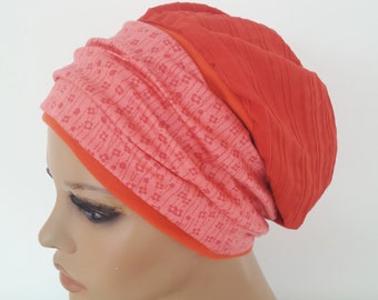 Chapeau de ballon pour femmes Beanie Turban - Bandeau double couche 2 en 1 Coton rose orange/Jersey CHEMO au lieu de l'alopécie de perruque