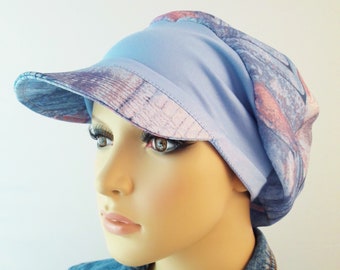 Summer Cap Newsboy Cap Gray Blue Solid Fit Cotton/Satin Jersey Chemo Alopecia