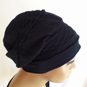 Mütze Damen Ballonmütze Turban Beanie Baskenmütze Schwarz Spitzen CHEMO Alopezie statt Perücke Bild 1