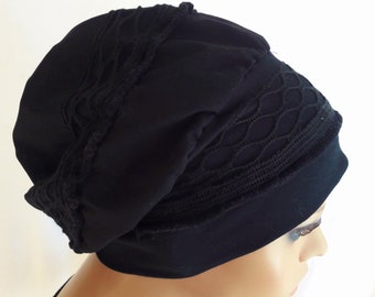 Women's Balloon Hat Turban Beanie Beret Black Lace CHEMO Alopecia Instead of Wig