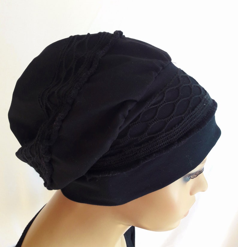 Mütze Damen Ballonmütze Turban Beanie Baskenmütze Schwarz Spitzen CHEMO Alopezie statt Perücke Bild 1