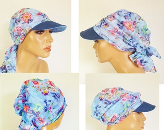 Casquette à visière pour femme serviette de plage couvre-chef chapeau bleu Batiste Floral rose coton - Batiste Convertible serviette chimio