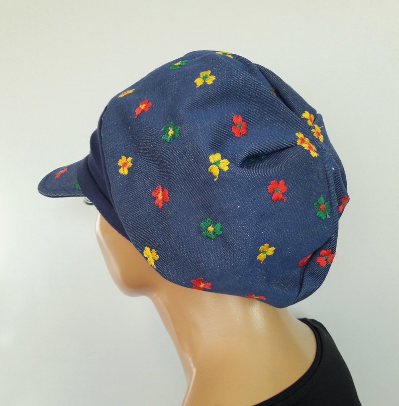 LUXURY WOMEN Umbrella Hat Balloon Hat Blue Jans Embroidered Flowers 100/% Cotton Chemo Alopecia Hair Loss