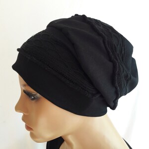 Mütze Damen Ballonmütze Turban Beanie Baskenmütze Schwarz Spitzen CHEMO Alopezie statt Perücke Bild 2