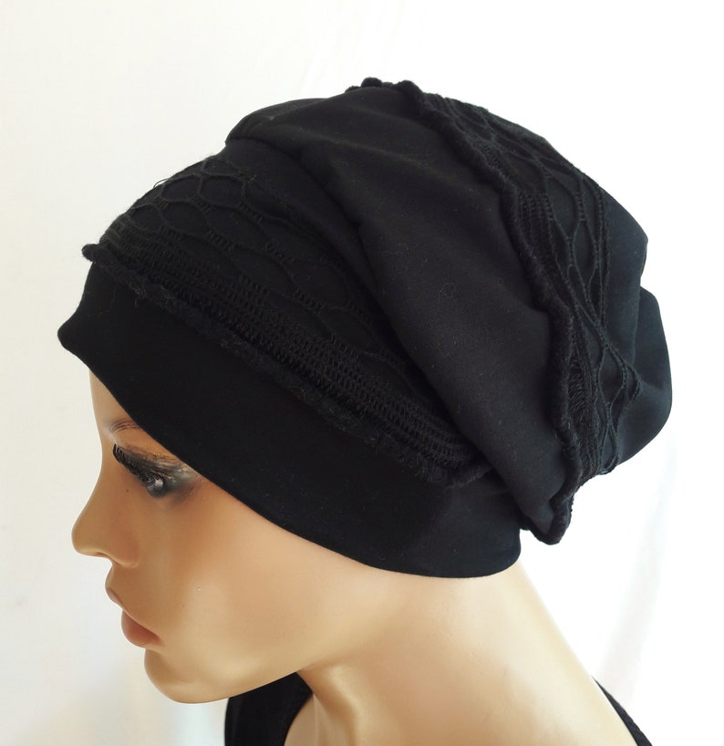 Mütze Damen Ballonmütze Turban Beanie Baskenmütze Schwarz Spitzen CHEMO Alopezie statt Perücke Bild 2