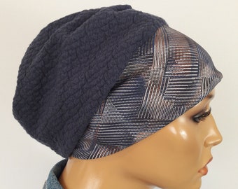 Women's Reversible Hat Balloon Cap Beanie Long Hat 2 In a Frenzy Blue Gray Structure Jersey Soft CHEMO Alopecia instead of wig