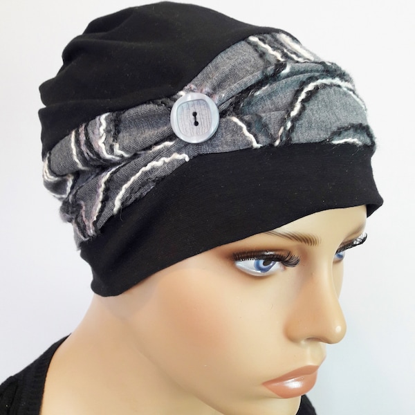 LUXE FEMME Chapeau réversible Bonnet Bonnet Maillot Noir Gris Chemo Alopécie au lieu de perruque