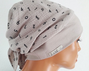 Damen Sommer Kopfbedeckung Tuch Mütze Turban Bandana Grau Beige  reine BW-Musselin Chemo Krebs Alopezie