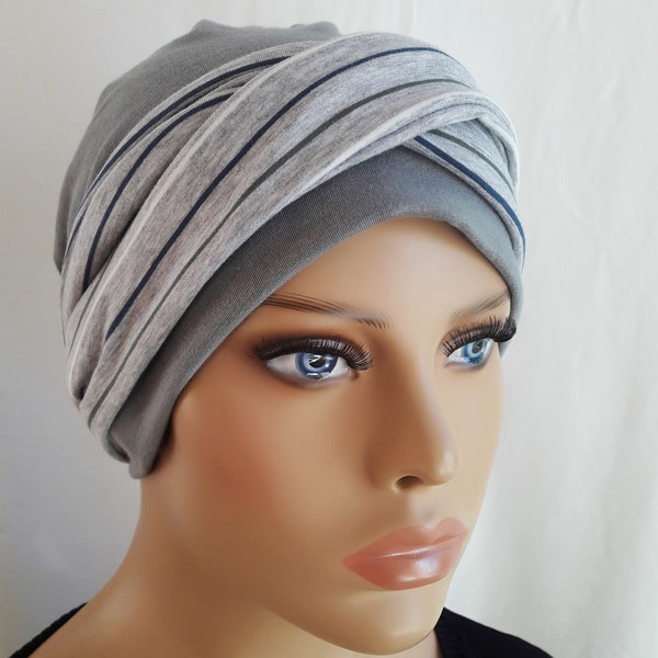 Kopfbedeckung Turban Mütze Bianies Cap Tuch Grau Jersey Chemo Alopezie  Praktisch  statt Perücke
