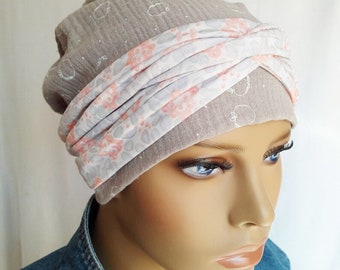 Summer Headscarf Turban Beanie with wrap beige 100% BW muslin Chemo alopecia Practical