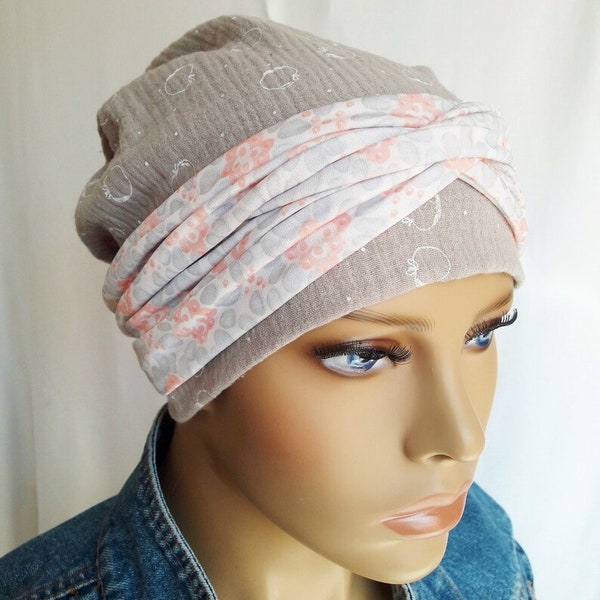 Sommer Kopftuch Turban Mütze mit Wickelband Beige 100% BW-Musselin Chemo Alopezie  Praktisch