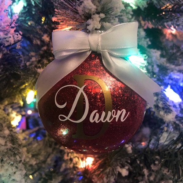 Custom Personalized Red or Green Glitter Christmas Tree Disk Ornaments - Gifts