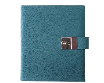 Diary with lock paisley petrol fabric cover with tone-in-tone stitching of paisley pattern