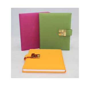 May include: Three locked journals in different colours: pink, green, and yellow. Each journal has a gold lock and a strap.