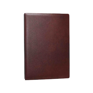 May include: A brown leather notebook with a textured surface.