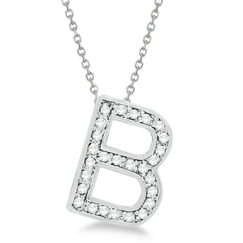B Block Letter Alphabet Pendant Everyday Initial Letter Necklace Custom Diamond English Letter 14k White Gold Pave Diamond Initial Jewelry
