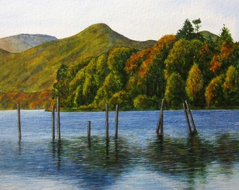 Original Watercolour Painting Unframed Autumn Trees Catbells Lake District English Landscape Mountain Landscape Paul Morgan Clarke