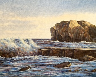 Original Watercolour Painting Breaking Waves Unframed Landscape Painting by Paul Morgan Clarke
