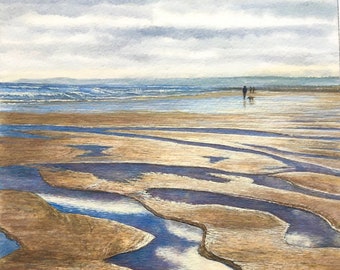 Original Watercolour Beach Walk Seascape Painting by Paul Morgan Clarke