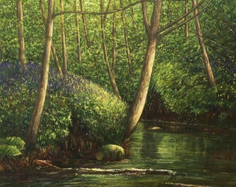 Bluebell River Bank Original Watercolour & Gouache Painting Paul Morgan Clarke