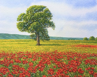 Original Watercolour Painting Poppy Field Northumberland Unframed Landscape Painting by Paul Morgan Clarke