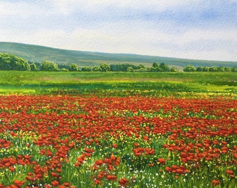 Original Watercolour Painting Poppy Meadow Northumberland Unframed Landscape Painting by Paul Morgan Clarke