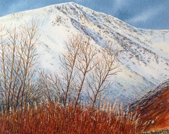 Original Watercolour Painting 'Snow on Fells' Unframed Lake District English Landscape Painting Mountain Landscape by Paul Morgan Clarke