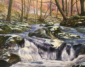 Original Watercolour Painting Frozen Beck Lake District English Mountain Landscape Paul Morgan Clarke