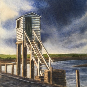 Original Watercolour Lindisfarne Causeway Seascape Painting by Paul Morgan Clarke