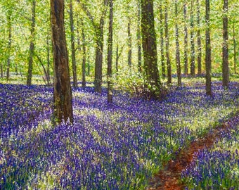 Original Watercolour Painting Bluebell Path Unframed Landscape Painting by Paul Morgan Clarke