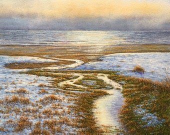 Original Watercolour Painting Frost on Beach by Paul Morgan Clarke