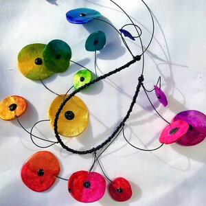 Necklace Glückstummel large, unique, delicately modeled plates, dynamically hand-painted in rainbow-colored black