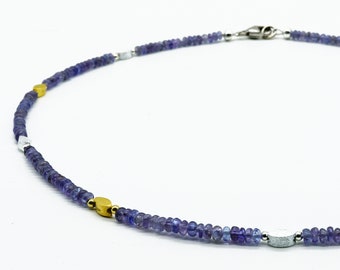 Gemstone necklace, tanzanite silver and gold