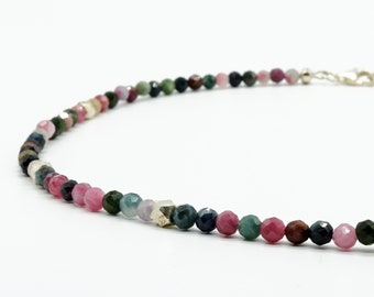 Gemstone necklace, tourmaline, very colorful - silver