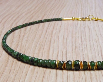 Gemstone necklace, emerald with gold plated silver