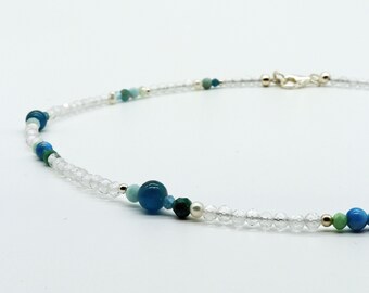 Gemstone necklace, rock crystal, amazonite and apatite