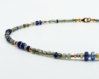 Gemstone necklace, labradorite, kyanite, zirconium, rose gold plated