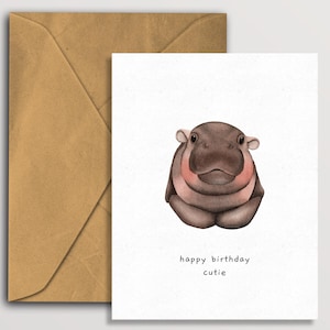 Biglietto di auguri di buon compleanno Moo Deng, simpatico biglietto di auguri di compleanno con cucciolo di ippopotamo pigmeo