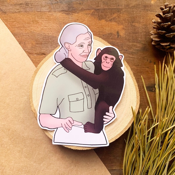 Dr Jane Goodall and Baby Chimp Sticker, Primatologist and Natural Scientist Stationary, Wildlife Conservationist Small Monkey Themed Gift