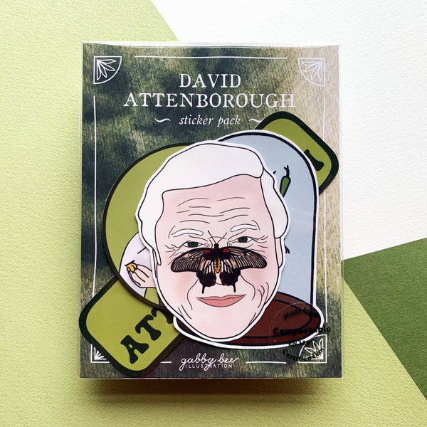 David Attenborough stickerpakket met 4 glanzende stickers met natuurthema, natuurbehoud en natuurdocumentaireliefhebbers cadeau