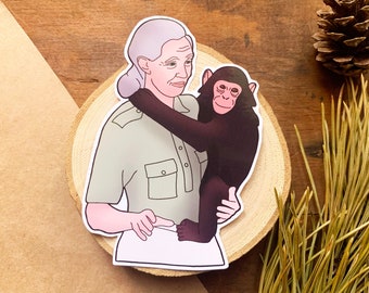 Dr Jane Goodall and Baby Chimp Sticker, Primatologist and Natural Scientist Stationary, Wildlife Conservationist Small Monkey Themed Gift