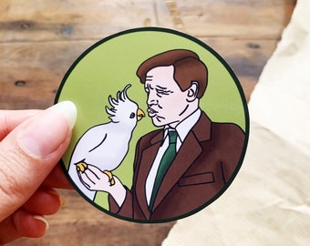 Sir David Attenborough with a Cockatoo Sticker, Animal and Nature Lovers Phone Sticker, Ornithology Gift for Bird or Natural History Lovers