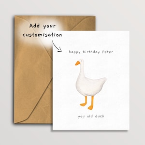 Carte d'anniversaire vieux canard, carte de voeux jeu d'oie sans titre, carte de fantaisie vierge à l'intérieur de l'animal mignon, oie avec chapeau de fête