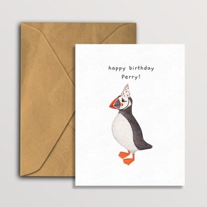 Tarjeta de cumpleaños del amante de los frailecillos, adorable tarjeta de frailecillo personalizada, tarjeta de felicitación de pájaro británica personalizada