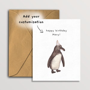 Cartão de aniversário personalizado de pinguim, cartão de cumprimentos personalizado de animal fofo, cartão de animal feito à mão