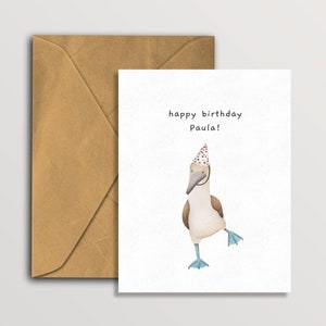 Cartão de aniversário engraçado personalizado do pássaro, cartão azul personalizado do Booby, cartão de cumprimentos animal editável engraçado