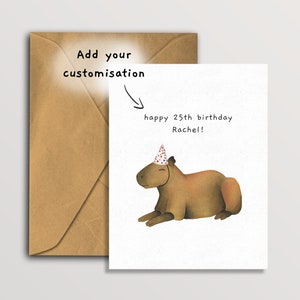 Cartão de aniversário personalizado de capivara, animal fofo com chapéu de festa, cartão de amante de animais raros do zoológico