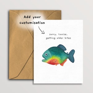 Cartão de aniversário engraçado da piranha, cartão de cumprimentos feito sob encomenda dos peixes das mordidas velhas, cartão de aniversário personalizado dos pescadores