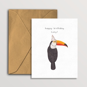 Cartão de aniversário personalizado do tucano, cartão de cumprimentos de pássaros tropicais personalizado, cartão de pássaros editável